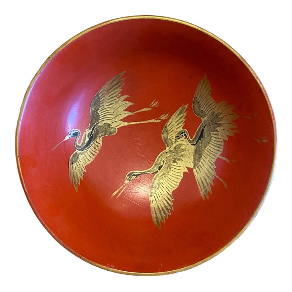 Vintage lacquer crane bowl Asian Handpainted